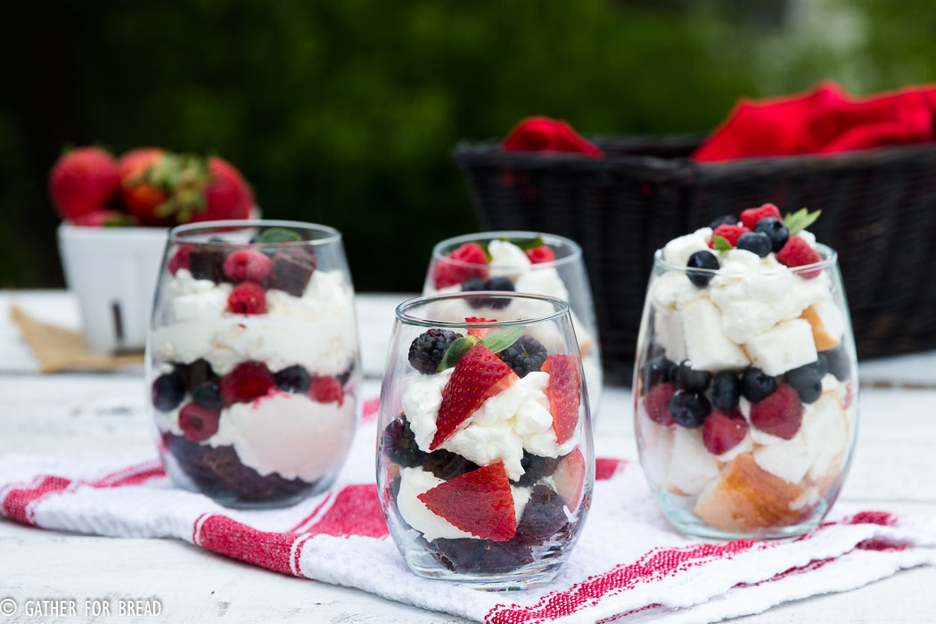 Very Berry Mini Trifles -Mini berry trifles made with angel food cake and brownies. Sweetened with home made whipped cream and assorted fresh berries. | gatherforbread.com