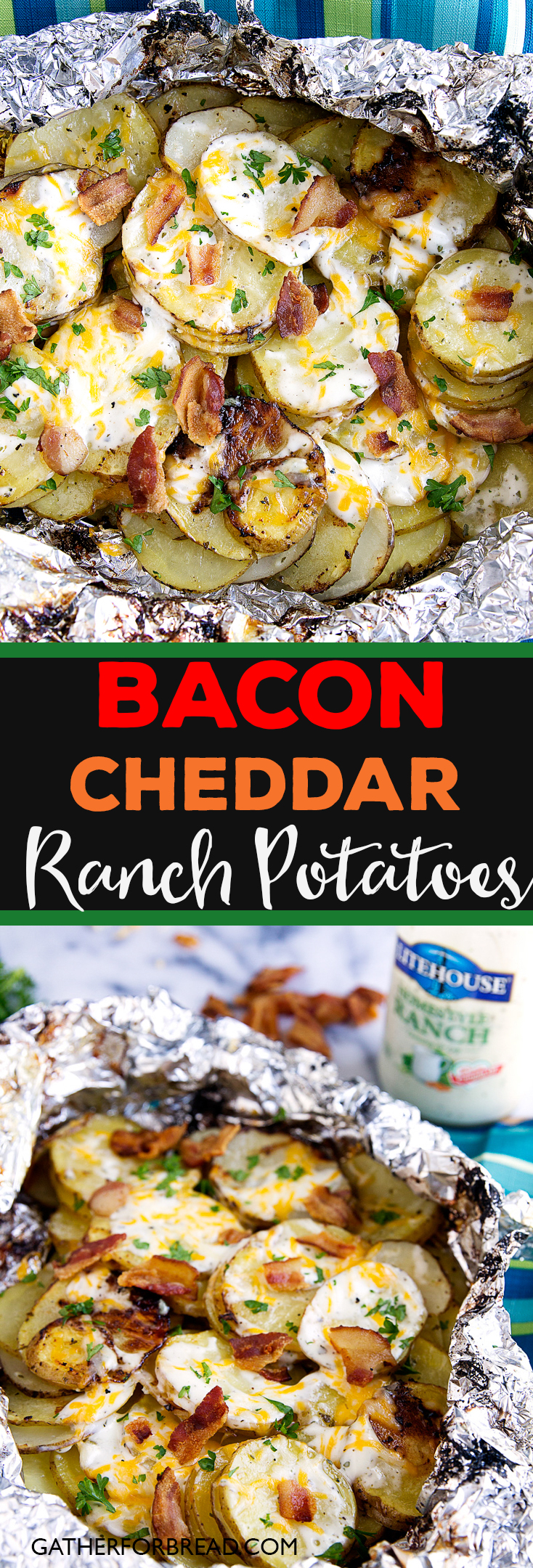Bacon Ranch Grilled Potatoes - Sliced potatoes flavored with real Ranch dressing, bacon and cheese for an ultimate summer grilled side dish.