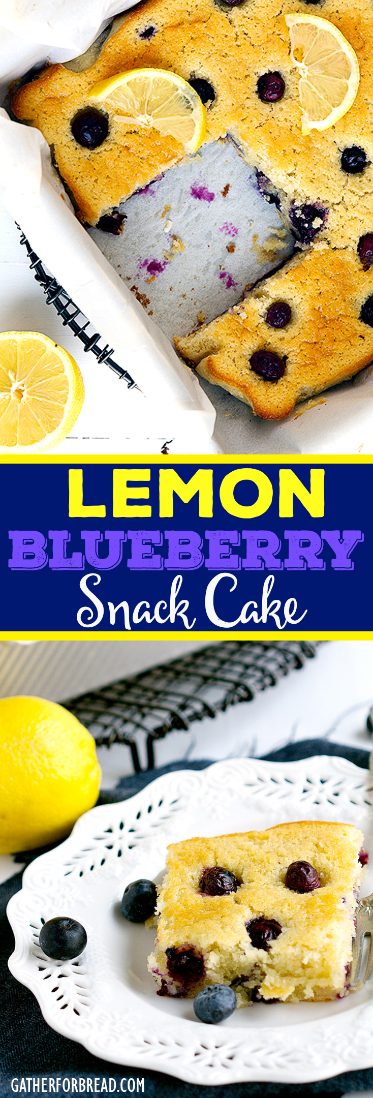 Lemon Blueberry Snack Cake - Simple cake in a pan with fresh blueberries and lemon for zest. Delightful! | gatherforbread.com