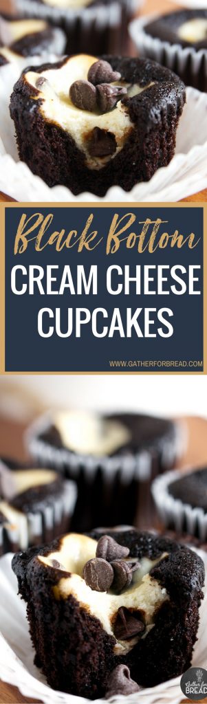 Black Bottom Cream Cheese Cupcakes - Best Easy recipe for dark chocolate cupcakes filled with a cream cheese chocolate chip filling. These cakes are moist, decadent and delicious! #dessert #creamcheese #chocolate #cupcakes