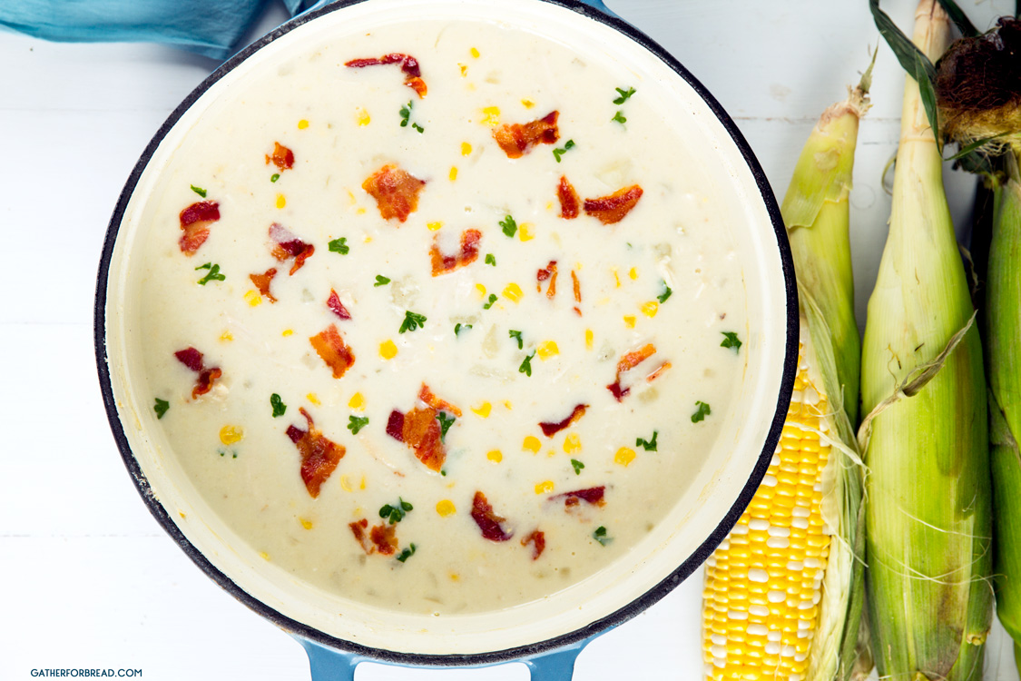 Chicken Corn Chowder - Creamy corn chowder loaded with bacon, sweet fresh corn, rotisserie chicken, loaded with flavor, this is sure to be a hit with your crowd especially in the summer.