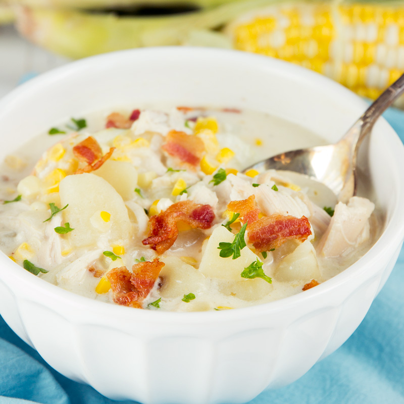Chicken Corn Chowder - Creamy corn chowder loaded with bacon, sweet fresh corn, rotisserie chicken, loaded with flavor, this is sure to be a hit with your crowd especially in the summer.