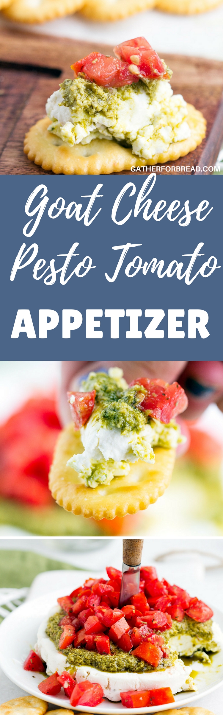Goat Cheese Pesto Tomato Appetizer - Layers of creamy goat cheese, basil pesto and topped with herb tomatoes. 10 minute layered starter, perfect for parties! 