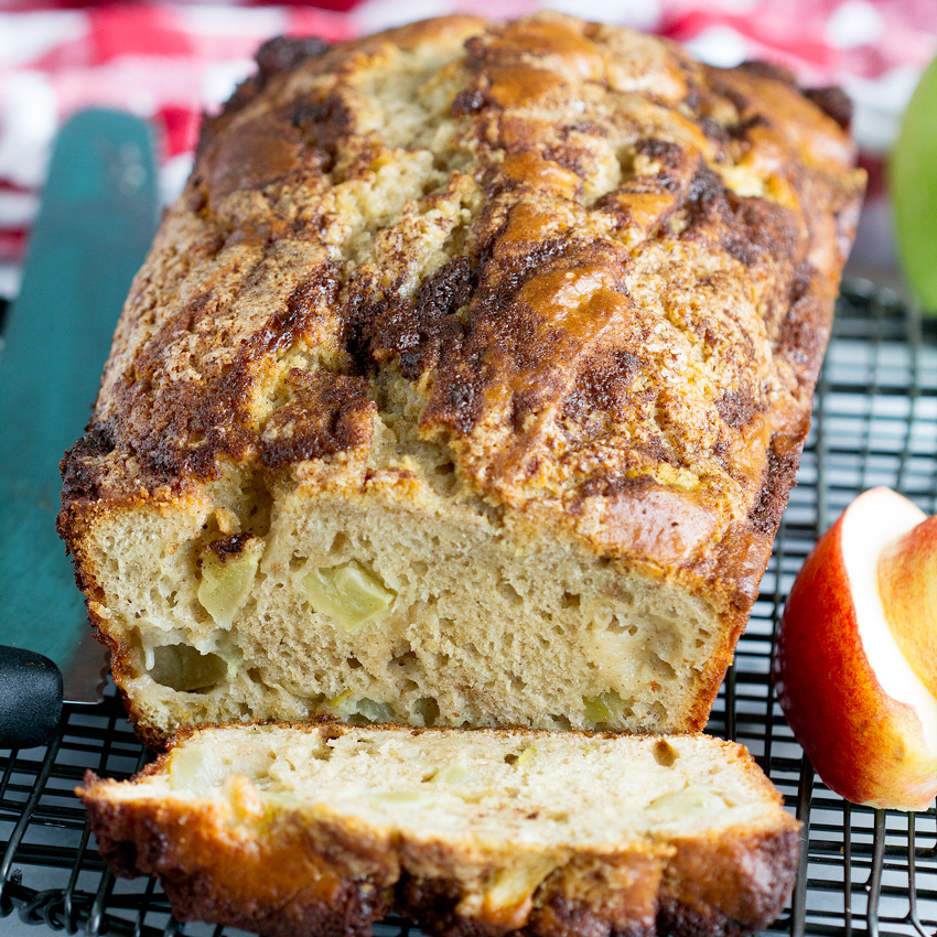 Homemade Apple Cinnamon Quick Bread - Recipe for fresh apple bread using real tart apple chunks, Greek yogurt and topped with a simple cinnamon sugar topping.