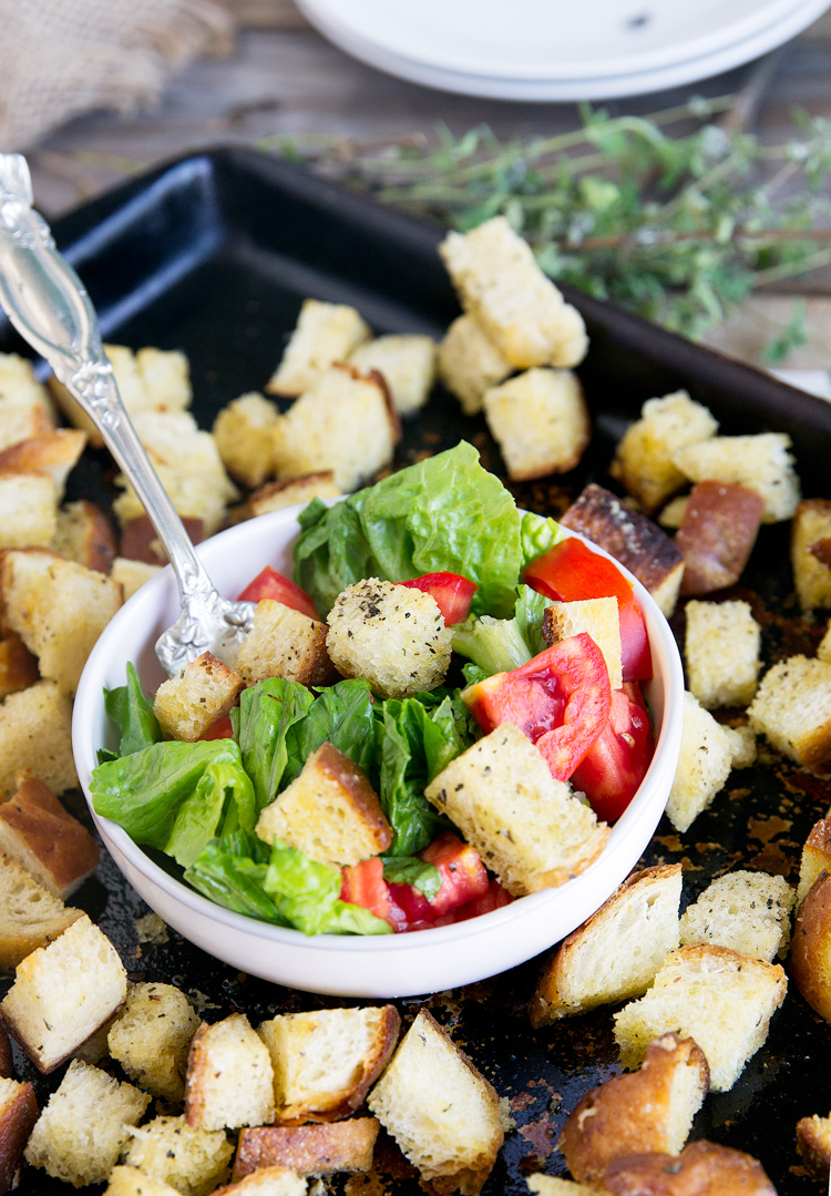 Homemade Garlic Parmesan Croutons - How to make croutons at home using stale bread. So easy and much more flavor than the store bought.