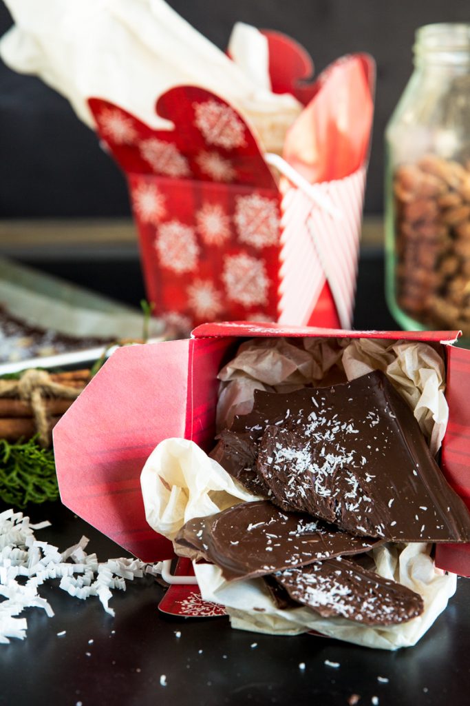Chocolate Coconut Bark - Delicious thin chocolate candy bark topped with shredded coconut. Simple treat made in minutes makes a perfect gift to give.
