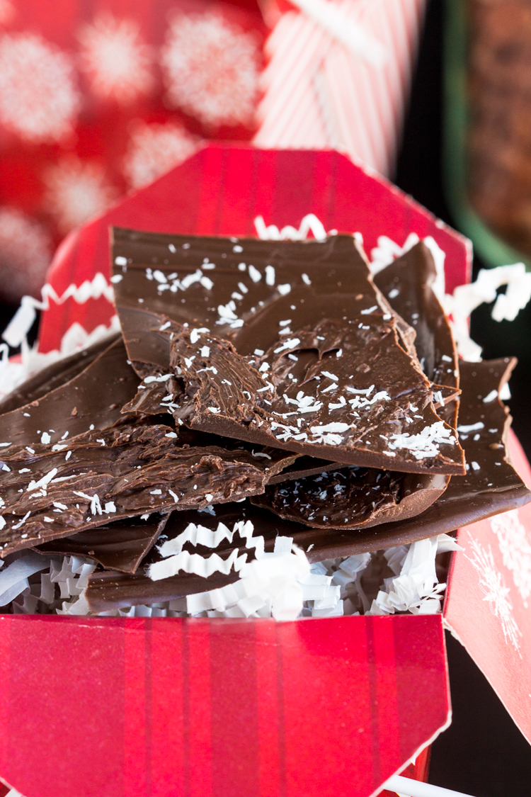 Chocolate Coconut Bark - Delicious thin chocolate candy bark topped with shredded coconut. Simple treat made in minutes makes a perfect gift to give.