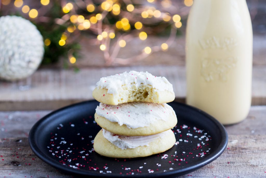 Eggnog Sugar Cookies - Soft sugar cookies made with eggnog and frosted with a simple sweet eggnog frosting. Perfect to give and serve for Christmas and the holidays. | gatherforbread.com