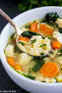 Homemade Chicken Orzo Soup - Homemade chicken orzo soup made with fresh spinach, cooked chicken and fresh Parmesan cheese for a comforting bowl. Perfect for winter nights dinner.