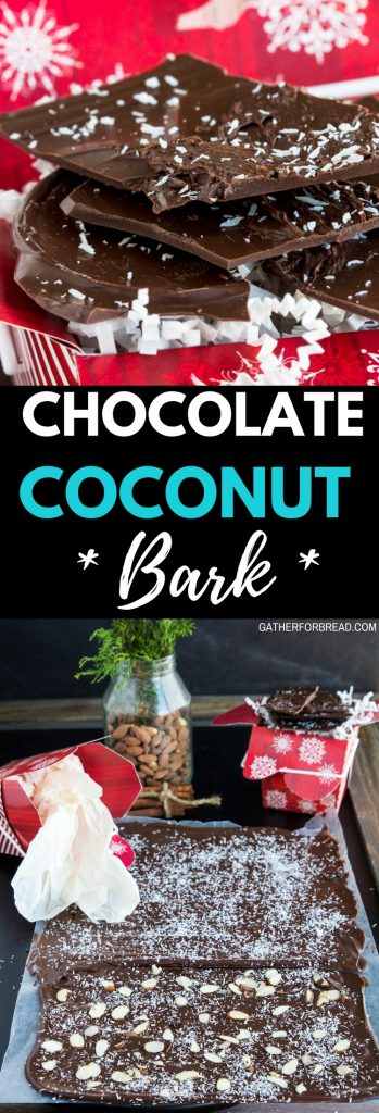Chocolate Coconut Bark - Delicious thin chocolate candy bark topped with shredded coconut. Simple treat made in minutes makes a perfect gift to give. #coconut #bark #candy #chocolate #gifts #homemade