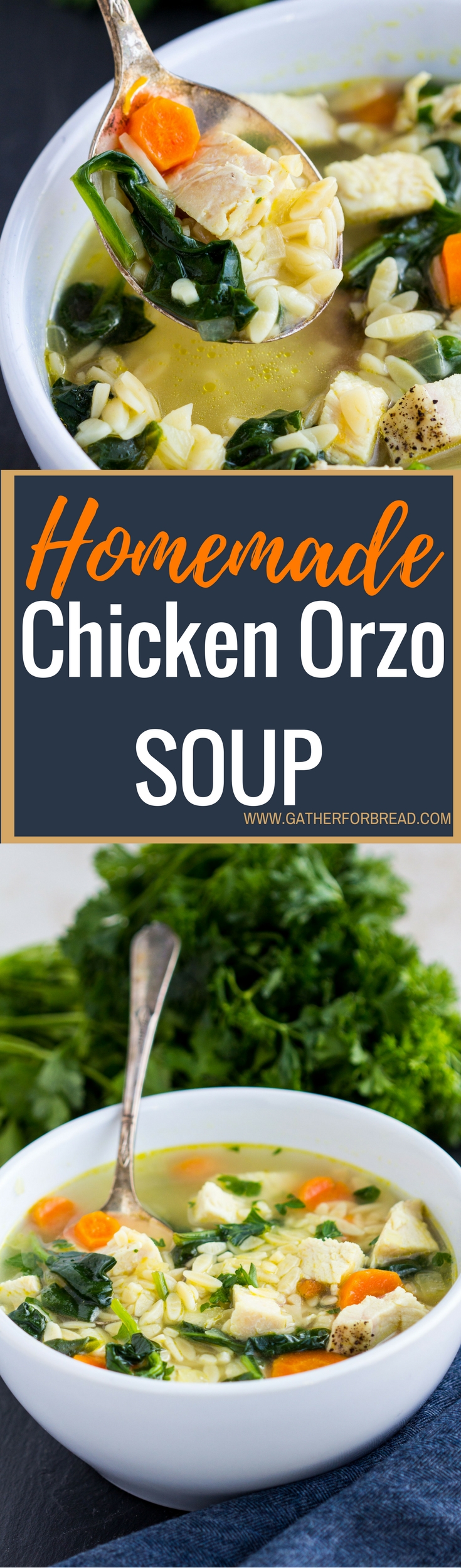 Homemade Chicken Orzo Soup - Homemade chicken orzo soup made with fresh spinach, cooked chicken and fresh Parmesan cheese for a comforting bowl. Perfect for winter nights dinner.