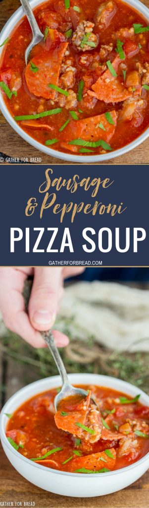 Pizza Soup loaded with sausage and pepperoni - This easy cheesy soup is made with pizza sauce and mozzarella cheese. Family friendly, low carb favorite for a quick meal!