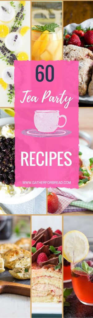 Tea Party Recipes - Featuring a round up of 60 food ideas for tea parties. Bites, little eats, appetizers, mini sandwiches, scones, desserts and more. A collection of lots of recipes to pull off a fun tea party.
