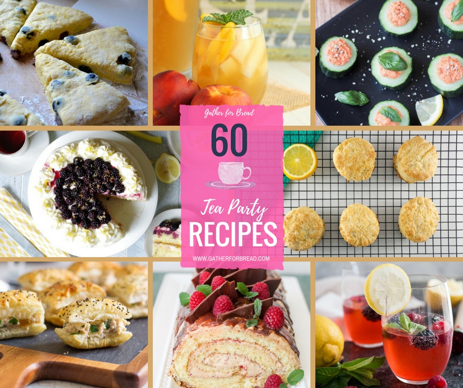 Tea Party Recipes - Featuring a round up of 60 food ideas for tea parties. Bites, little eats, appetizers, mini sandwiches, scones, desserts and more. A collection of lots of recipes to pull off a fun tea party.