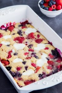 Berry Cream Cobbler- Lighter, healthy, low-fat cobbler recipe mad easy with Greek yogurt, white whole wheat flour, less sugar. Mixed berries, blueberry, strawberry, raspberry. You won't miss the old fashioned version.