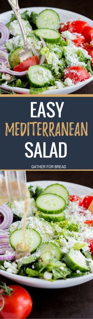 Easy Mediterranean Salad - Easy Greek style salad with homemade dressing recipe. Topped with tomato, cucumber, romaine and Feta. Light on calories for your diet. Gluten free.