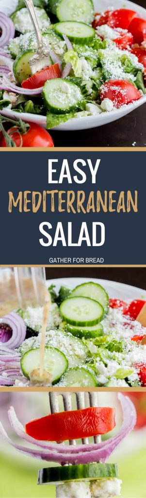 Easy Mediterranean Salad - Easy Greek style salad with homemade dressing recipe. Topped with tomato, cucumber, romaine and Feta. Light on calories for your diet. Gluten free.