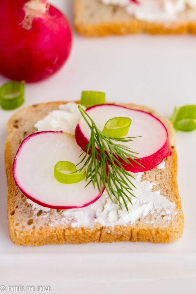 Radish Goat Cheese Sandwich Bites - Simple sandwich bites with fresh goat cheese, radish slices and dill for fresh spring appetizer. Perfect for Mother's Day brunch, tea parties, and any spring gathering.