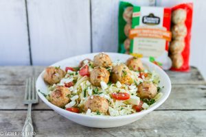 Angel Hair Pasta with Chicken Meatballs - Easy family recipe in 20 minutes. Pasta and chicken meatballs with feta cheese, tomatoes, Italian dressing, simple quick meal.