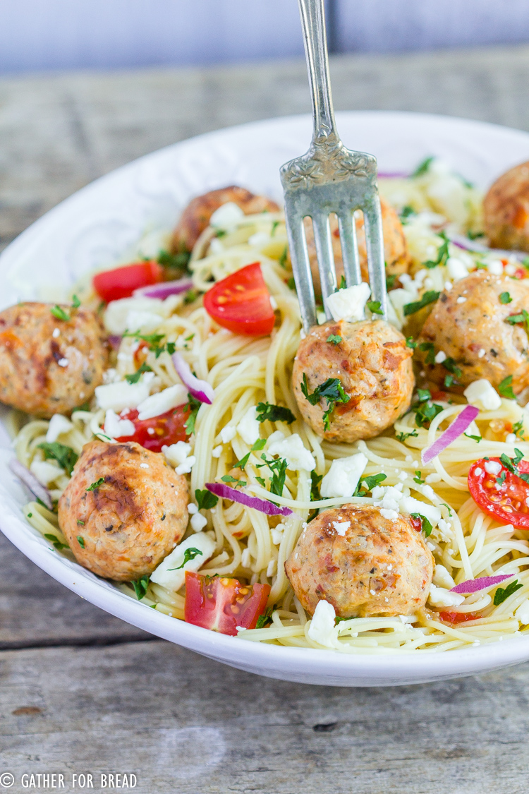 Angel Hair Pasta with Chicken Meatballs - Easy family recipe in 20 minutes. Pasta and chicken meatballs with feta cheese, tomatoes, Italian dressing, simple quick meal.