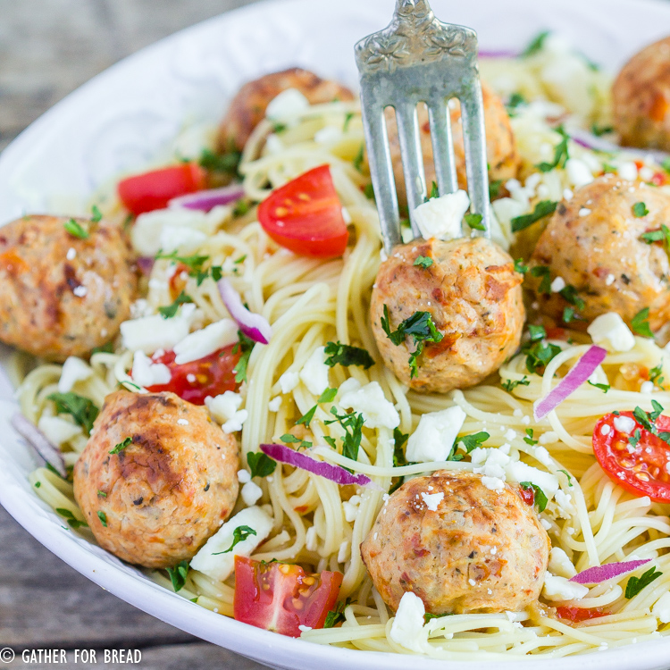 Angel Hair Pasta with Chicken Meatballs - Easy family recipe in 20 minutes. Pasta and chicken meatballs with feta cheese, tomatoes, Italian dressing, simple quick meal.