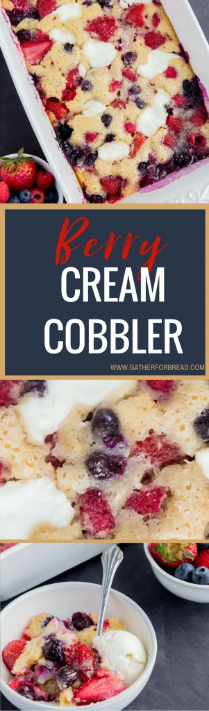 Berry Cream Cobbler- Lighter, healthy, low-fat cobbler recipe mad easy with Greek yogurt, white whole wheat flour, less sugar. Mixed berries, blueberry, strawberry, raspberry. You won't miss the old fashioned version.
