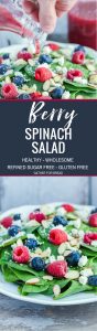 Berry Spinach Salad with Homemade Raspberry Vinaigrette - Green spinach salad recipe topped with berries and the BEST homemade raspberry vinaigrette; feta cheese, almonds with raspberries, blueberries.