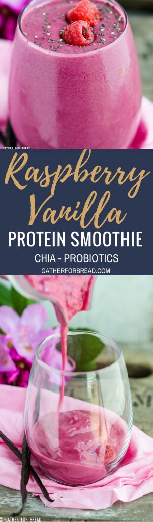Raspberry Vanilla Protein Smoothie - Make this healthy easy fruit breakfast smoothie. Made with frozen raspberries, banana vanilla, and milk. Without yogurt, packed with nutrition.