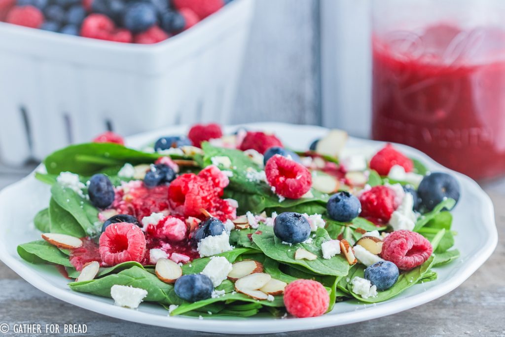 Raspberry Vinaigrette Salad Dressing - Easy seasonal fresh berry dressing recipe is made with real wholesome, healthy ingredients. It's clean and refined sugar free. Perfect for topping your favorite salad greens or spinach.