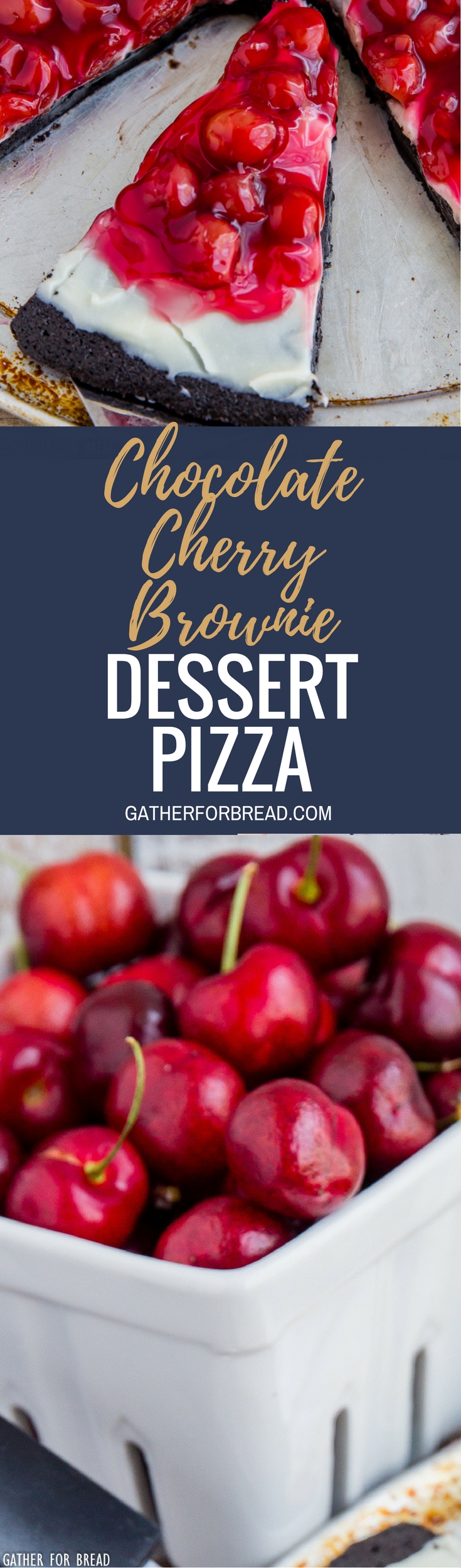 Chocolate Cherry Brownie Dessert Pizza - Cherry cheese dessert recipe with homemade brownies, fluffy cream cheese frosting and cherry pie filling for a sweet easy dessert.