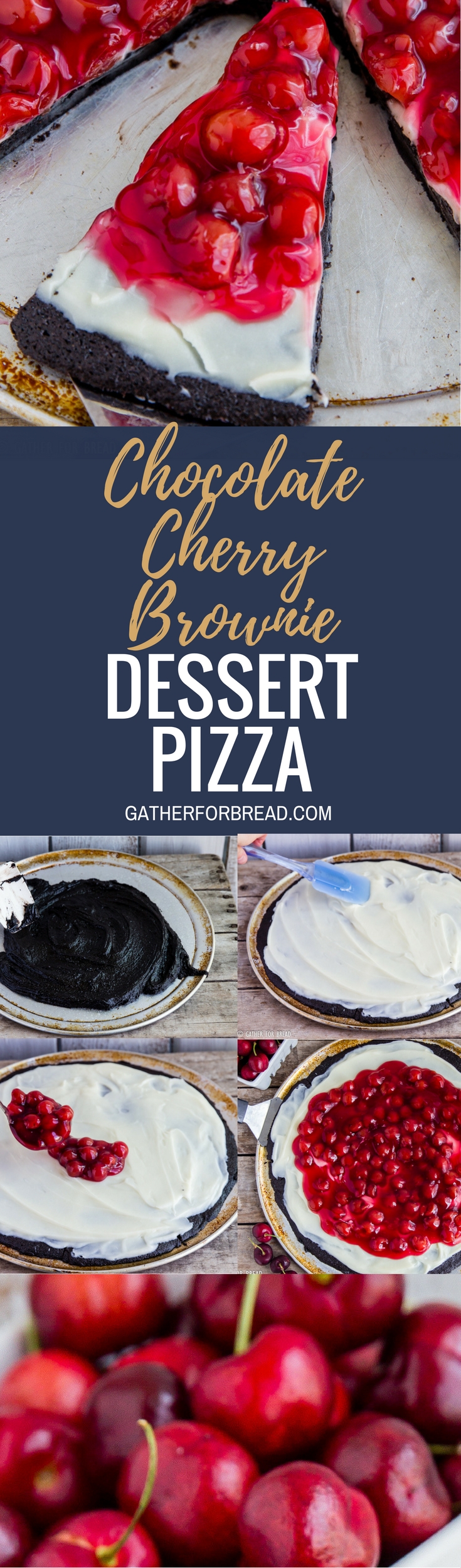 Chocolate Cherry Brownie Dessert Pizza - Cherry cheese dessert recipe with homemade brownies, fluffy cream cheese frosting and cherry pie filling for a sweet easy dessert.