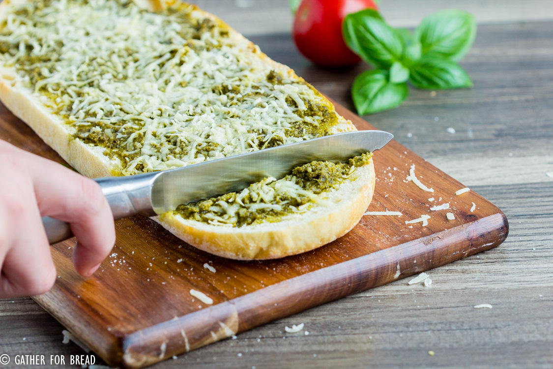 Cheesy Pesto Bread - Italian Bread made with Pesto and Parmesan cheese. Easy recipe, ready in minutes as an appetizer or side dish. Perfect for potlucks or picnics.