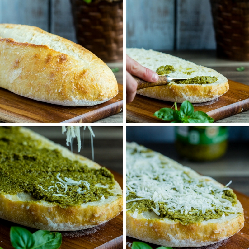 Cheesy Pesto Bread - Italian Bread with Pesto and Parmesan cheese. Easy recipe, ready in minutes as an appetizer or side dish. Perfect for potlucks or picnics.