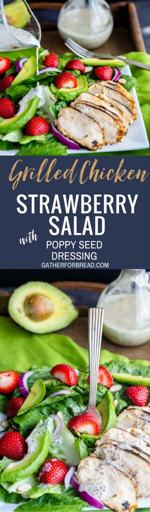 Grilled Chicken  Salad with Strawberries and  Poppy Seed Dressing - Savory romaine greens topped with fresh grilled chicken paired with strawberry, avocado, and sweet onion poppy seed dressing.