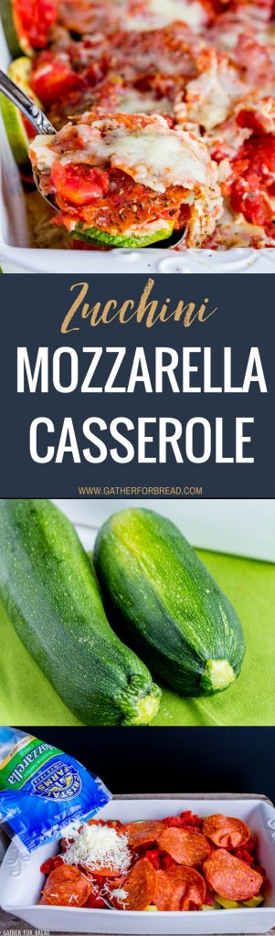 Zucchini Mozzarella Casserole - Recipe for cheesy zucchini casserole. With diced tomatoes, mozzarella cheese and pepperoni, this squash bake will be a family favorite summer side dish.