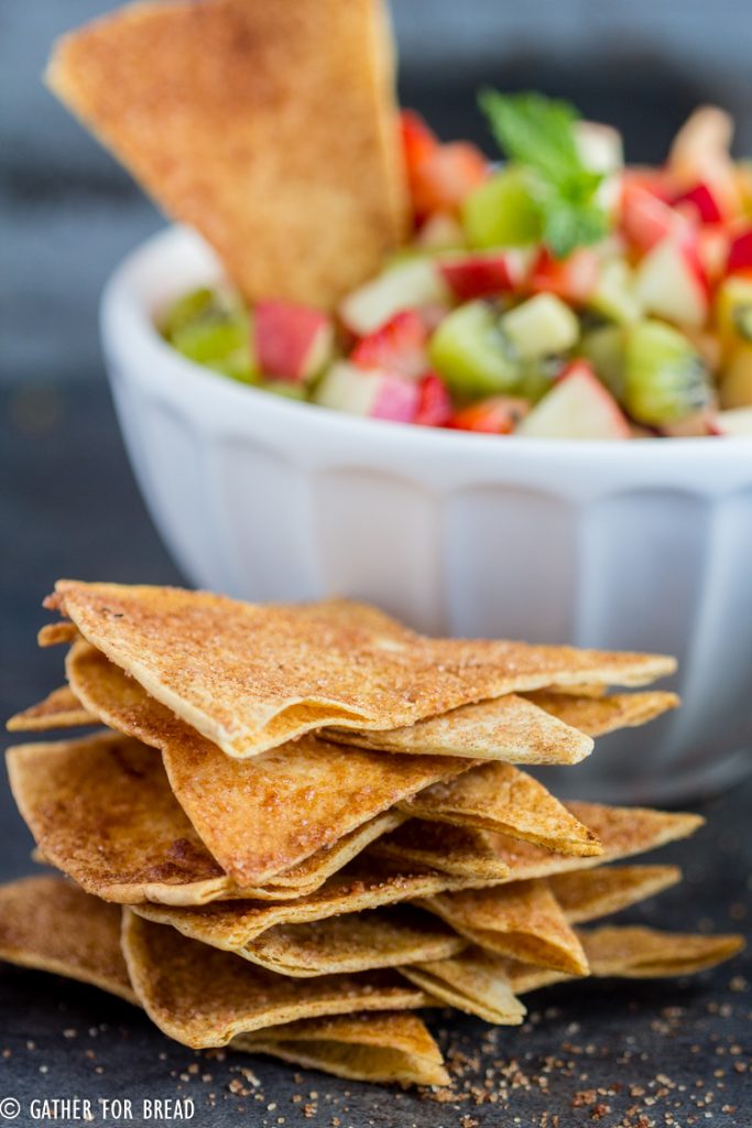 Apple Berry Salsa - Homemade fruit salsa made with strawberry, apple and kiwi paired with fresh warm cinnamon chips for a delicious appetizer or snack.