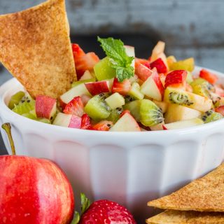 Apple Berry Salsa - Homemade fruit salsa made with strawberry, apple and kiwi paired with fresh warm cinnamon chips for a delicious appetizer or snack.
