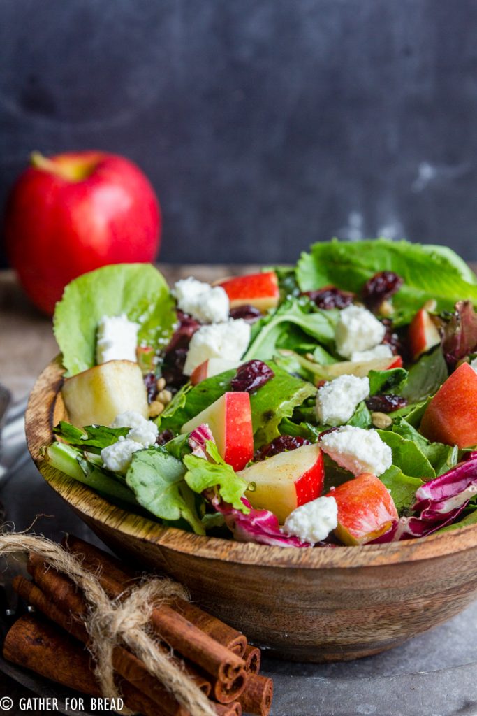 Harvest Apple Feta Salad - Delicious fall salad, greens with chopped apple, Feta cheese, cranberries and a sweet Maple cinnamon vinaigrette recipe made with apple cider vinegar.