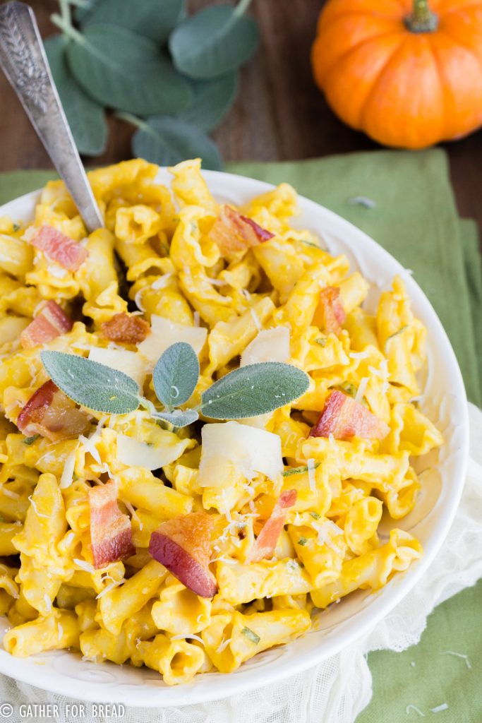 Pumpkin Pasta Bacon Cream Sage Sauce - Pasta and Bacon with a creamy pumpkin sage sauce. Delicious entree with flavors of fall. Recipe made with cream for a delicious sauce to go with your favorite pasta.