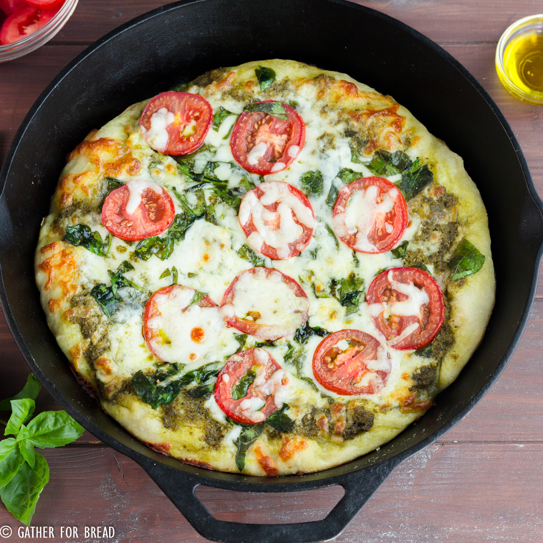 Skillet Pizza with Pesto Tomatoes and Spinach