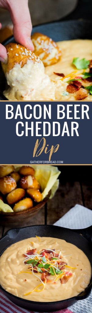 Bacon Beer Cheddar Dip - Hot cheesy cheddar dip made with beer is great for pretzels, bread cubes at your favorite party or gathering. Serve in your slow cooker or fondue pot for easy dipping.