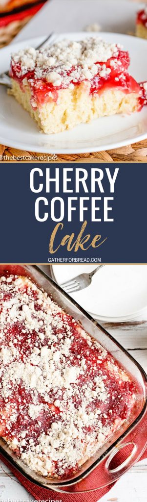 Cherry Coffee Cake - Homemade cake batter uses cherry pie filling for a quick and easy Cherry Coffee Cake that makes a delicious breakfast or dessert. Save part of the crust mixture to sprinkle on top for a yummy sugar streusel.