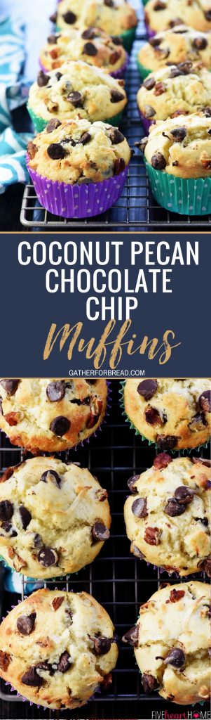 Coconut Pecan Chocolate Chip Muffins - Soft, tender, and full of flavor and texture from chewy coconut, crunchy pecans, and sweet chocolate chips. Perfect for breakfast or as a snack time treat!